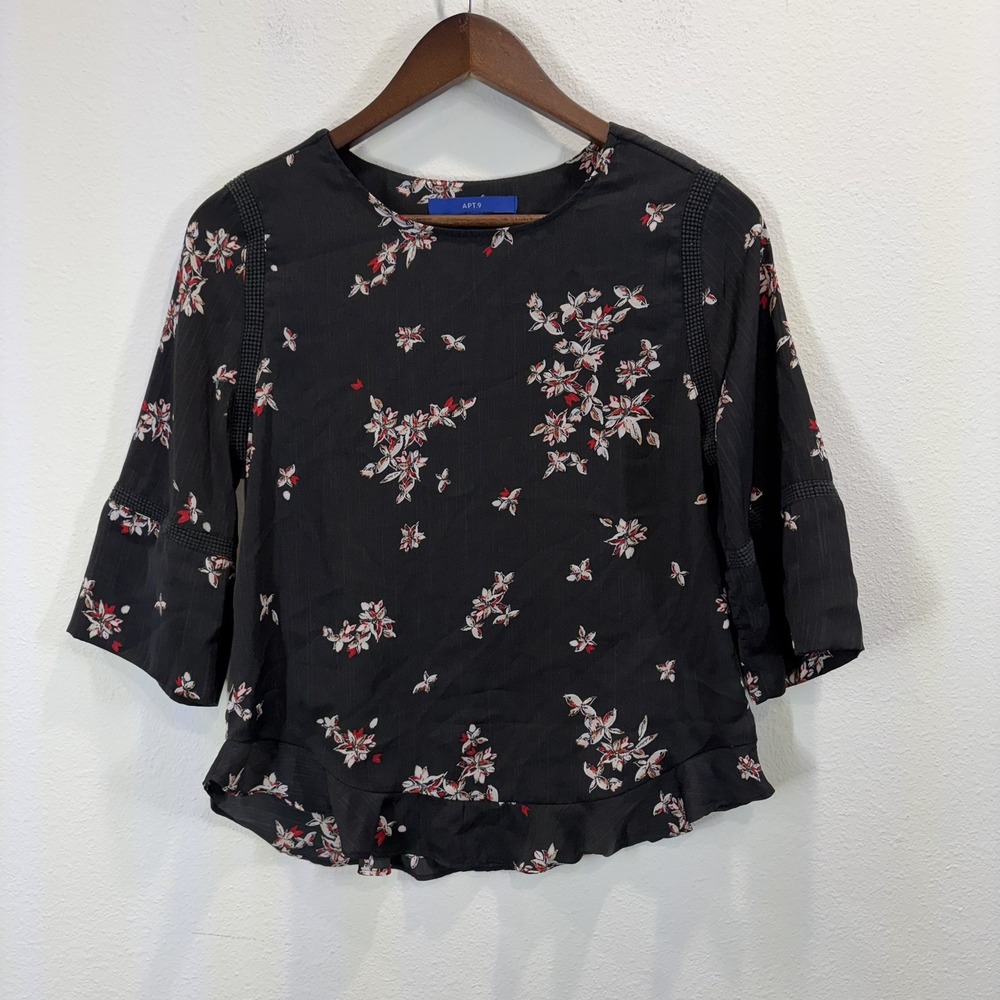 Apt 9 Blouse Ladies Top 3/4 Sleeve Cherry Blossom Easy Care Rayon Size PXS